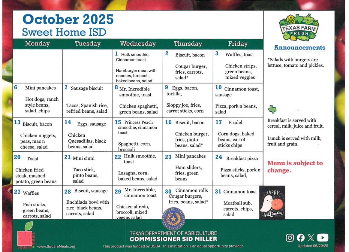 October Lunch Menu